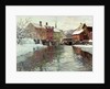 Snow-covered buildings by a river by Fritz Thaulow