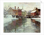 Snow-covered buildings by a river by Fritz Thaulow