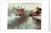 Snow-covered buildings by a river by Fritz Thaulow