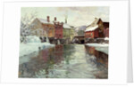 Snow-covered buildings by a river by Fritz Thaulow