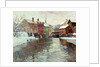 Snow-covered buildings by a river by Fritz Thaulow