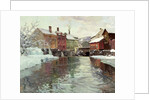 Snow-covered buildings by a river by Fritz Thaulow