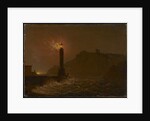 A Lighthouse on fire at night by Joseph Wright of Derby