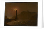A Lighthouse on fire at night by Joseph Wright of Derby