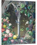 Bunches of Roses, Ipomoea and Grape-vines, Around an Arcade in a Fanciful Gothic Style, Two Birds, Species Unknown, and a Tiger Moth by Eugene Joseph Prevost