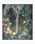 Bunches of Roses, Ipomoea and Grape-vines, Around an Arcade in a Fanciful Gothic Style, Two Birds, Species Unknown, and a Tiger Moth by Eugene Joseph Prevost