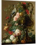A Sculpted Stone Vase with Roses, Auricula, Poppies, Convulvulus, with a Jay on a Ledge, 1760 by Jacobes Vonck