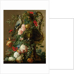 A Sculpted Stone Vase with Roses, Auricula, Poppies, Convulvulus, with a Jay on a Ledge, 1760 by Jacobes Vonck