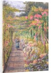 Young Girl Walking under a Rose Pergola by English School