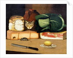 Larder still life with a cat hunting a mouse, c.1840 by English School