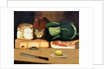 Larder still life with a cat hunting a mouse, c.1840 by English School