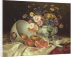 Still life of flowers in a Chinese vase with pomegranates by Eugene Henri Cauchois