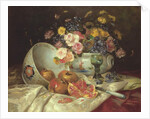 Still life of flowers in a Chinese vase with pomegranates by Eugene Henri Cauchois