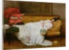 Girl in a white dress resting on a sofa by Alfred Emile Stevens