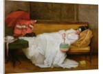 Girl in a white dress resting on a sofa by Alfred Emile Stevens