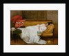Girl in a white dress resting on a sofa by Alfred Emile Stevens