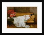 Girl in a white dress resting on a sofa by Alfred Emile Stevens