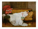 Girl in a white dress resting on a sofa by Alfred Emile Stevens