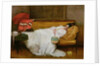 Girl in a white dress resting on a sofa by Alfred Emile Stevens