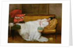 Girl in a white dress resting on a sofa by Alfred Emile Stevens