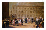 Actors in front of a representation of St. Marks Square by Italian School