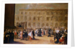 Actors in front of a representation of St. Marks Square by Italian School