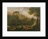 Landscape with figures by a pool with ruins in the background by Jan Frans van Bloemen
