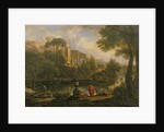 Landscape with figures by a pool with ruins in the background by Jan Frans van Bloemen