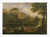 Landscape with figures by a pool with ruins in the background by Jan Frans van Bloemen
