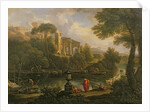 Landscape with figures by a pool with ruins in the background by Jan Frans van Bloemen