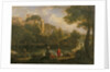 Landscape with figures by a pool with ruins in the background by Jan Frans van Bloemen