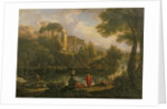 Landscape with figures by a pool with ruins in the background by Jan Frans van Bloemen