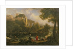 Landscape with figures by a pool with ruins in the background by Jan Frans van Bloemen