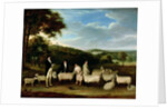 Portrait of Thomas William Coke, Esq. inspecting some of his South Down sheep with Mr Walton and the Holkham shepherds by Thomas Weaver