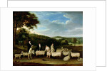 Portrait of Thomas William Coke, Esq. inspecting some of his South Down sheep with Mr Walton and the Holkham shepherds by Thomas Weaver