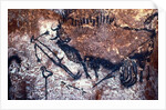 Prehistoric art: Scene of the Well: a man with a bird head and seems to fall or being pushed by a bison by Prehistoric Prehistoric