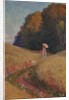 Historic greeting card after a painting, Mother and daughter walking in a flower meadow by Unknown Artist