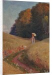 Historic greeting card after a painting, Mother and daughter walking in a flower meadow by Unknown Artist