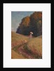 Historic greeting card after a painting, Mother and daughter walking in a flower meadow by Unknown Artist