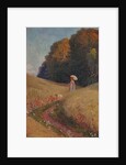 Historic greeting card after a painting, Mother and daughter walking in a flower meadow by Unknown Artist