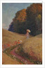 Historic greeting card after a painting, Mother and daughter walking in a flower meadow by Unknown Artist