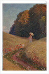 Historic greeting card after a painting, Mother and daughter walking in a flower meadow by Unknown Artist