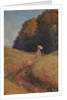 Historic greeting card after a painting, Mother and daughter walking in a flower meadow by Unknown Artist