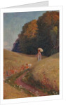 Historic greeting card after a painting, Mother and daughter walking in a flower meadow by Unknown Artist