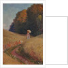 Historic greeting card after a painting, Mother and daughter walking in a flower meadow by Unknown Artist