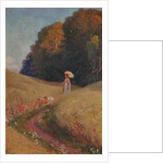 Historic greeting card after a painting, Mother and daughter walking in a flower meadow by Unknown Artist