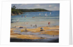 Salcombe North Sands, blue umbrella by Jennifer Wright
