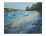 Salcombe Fishermans Cove, blue & white sail by Jennifer Wright