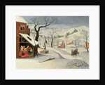 Flight into Egypt in a winter landscape by Abel Grimmer or Grimer