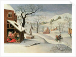 Flight into Egypt in a winter landscape by Abel Grimmer or Grimer
